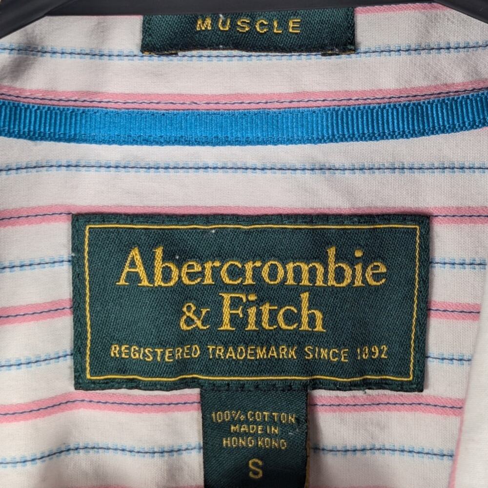 Abercrombie Fitch S Muscle Fit Pink Blue Mens Striped Cotton Button Down Shirt - Picture 3 of 3